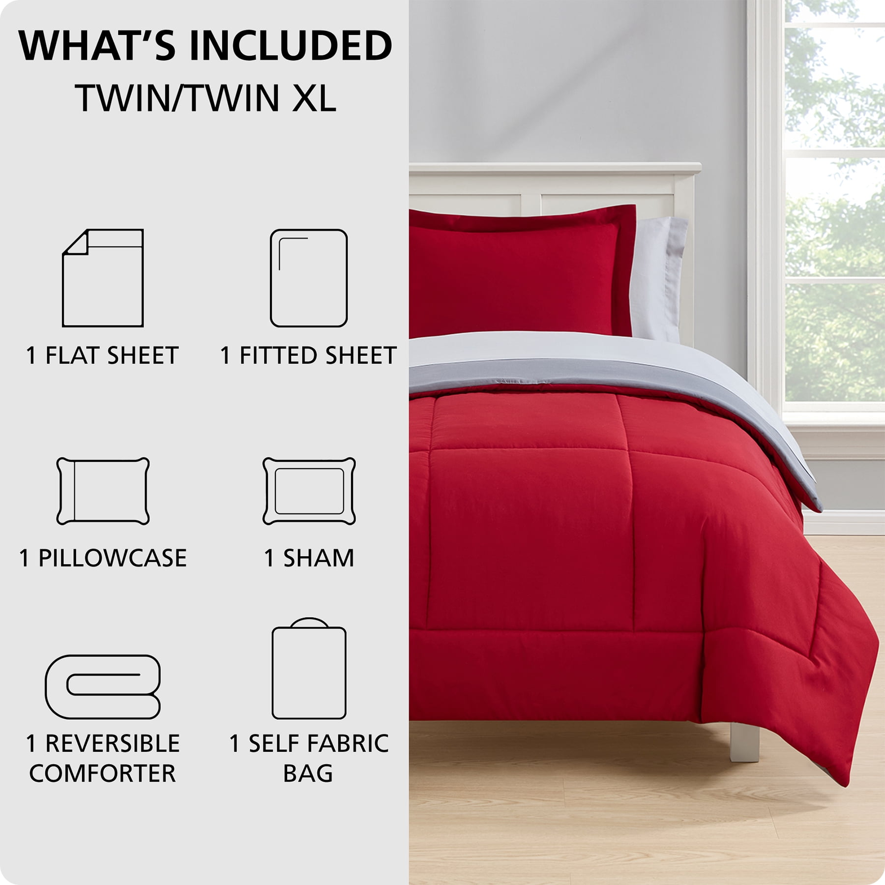 Mainstays All in One Reversible Comforter and Sheet set- 5 Piece, Twin, Red