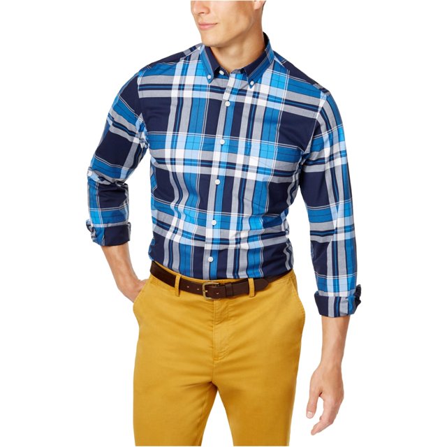 Club Room - Camisa elástica a cuadros para hombre, color azul, pequeña