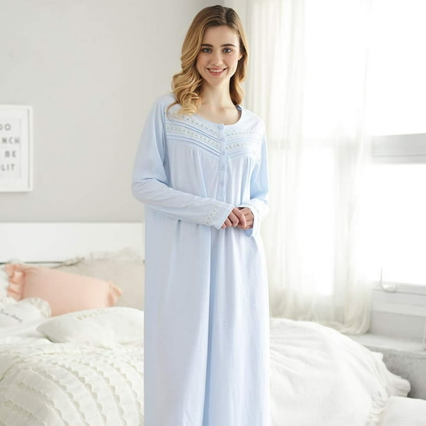 U.Vomade Womens Pajama Long Sleeve Henley Cotton 100% Buttons Long Nightgown  Dress 