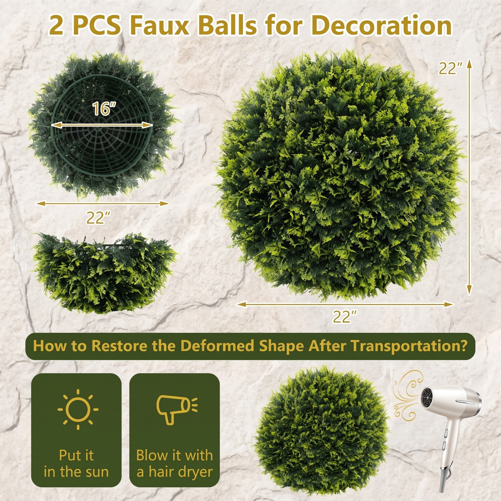 ALPULON 2 Pieces 22 Inch Faux Boxwood Topiary Balls, Indoor Outdoor Artificial Decorative Balls for Patio Garden Front Door Balcony and Backyard, Green