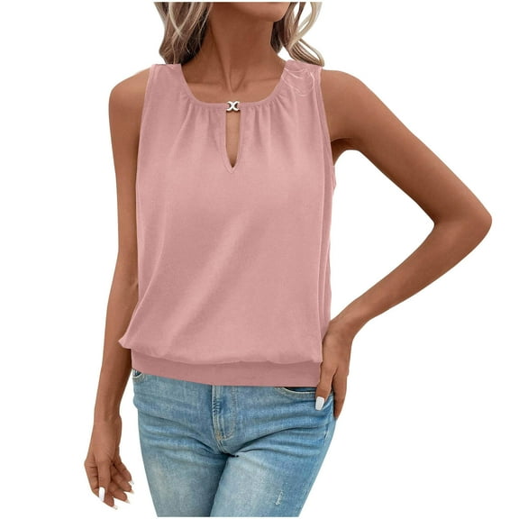 DAFPZW Women's Summer Tank Tops Loose Fit Pleated Scoop Neck Shirts Casual Sleeveless Keyhole Front Banded Bottom T Shirts