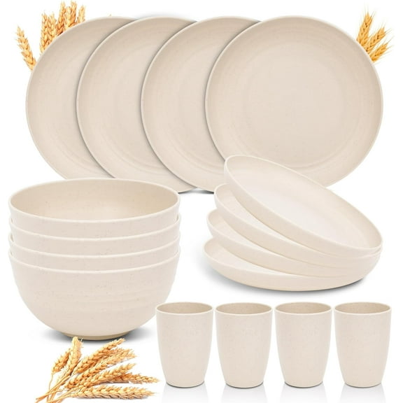 Bestdin Wheat Straw Dinnerware Set for 4, 16 Pack Plastic BPA-Free Dinner Plates, Salad Plates, Cereal Bowls, Cups, Unbreakable Plates and Bowls Sets, Microwave and Dishwasher Safe
