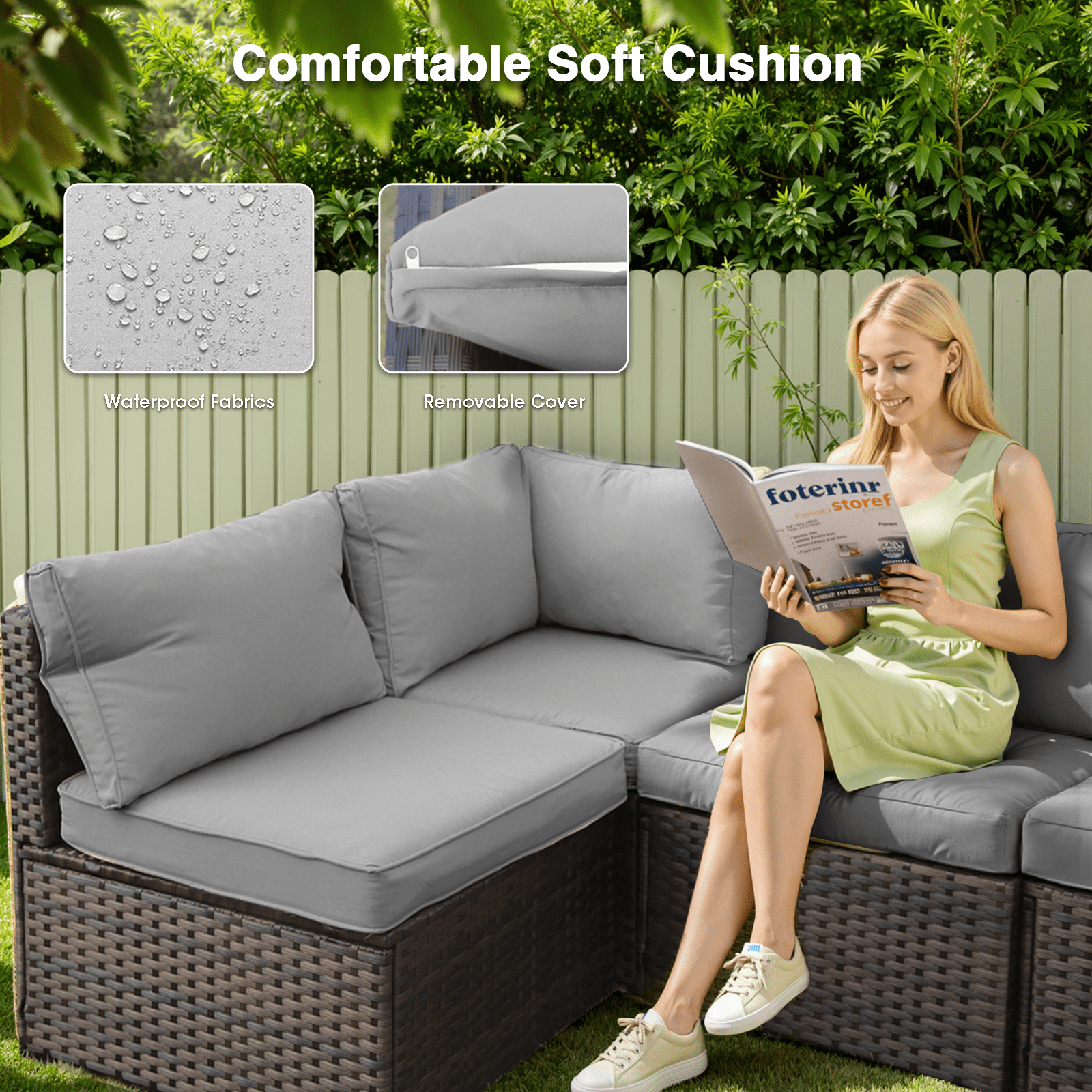 Gaildon 5 Piece Patio Furniture Set with Fire Pit Table, All Weather Outdoor Sectional PE Rattan, Patio Conversation Sets with Cushions for Garden Lawn Balcony Porch Deck, Grey