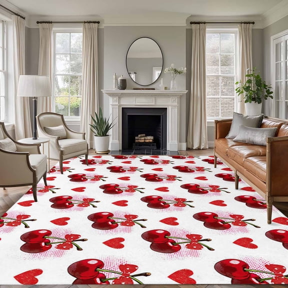 Red Cherry Area Rugs 6'x9', Washable Small Throw Rugs for Kitchen Dining room, Watercolor Cherries Love Heart Farmhouse Indoor Outdoor Rug Non-Slip Low Pile Carpet Runner Reversible Floor Mats