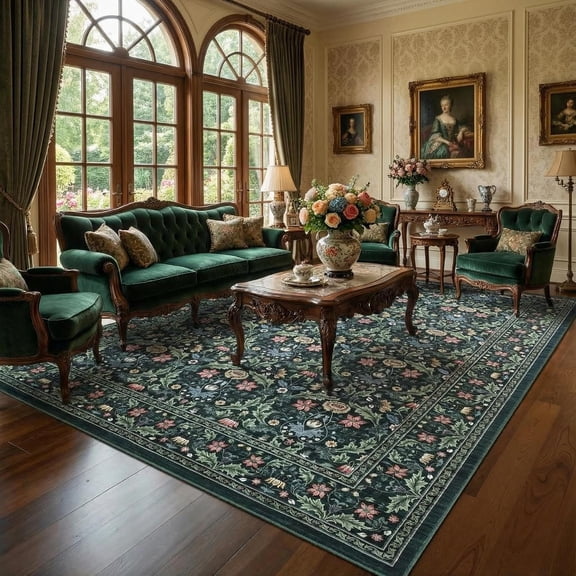 9x12 Vintage Area Rug Washable Non-Slip Living Room Green