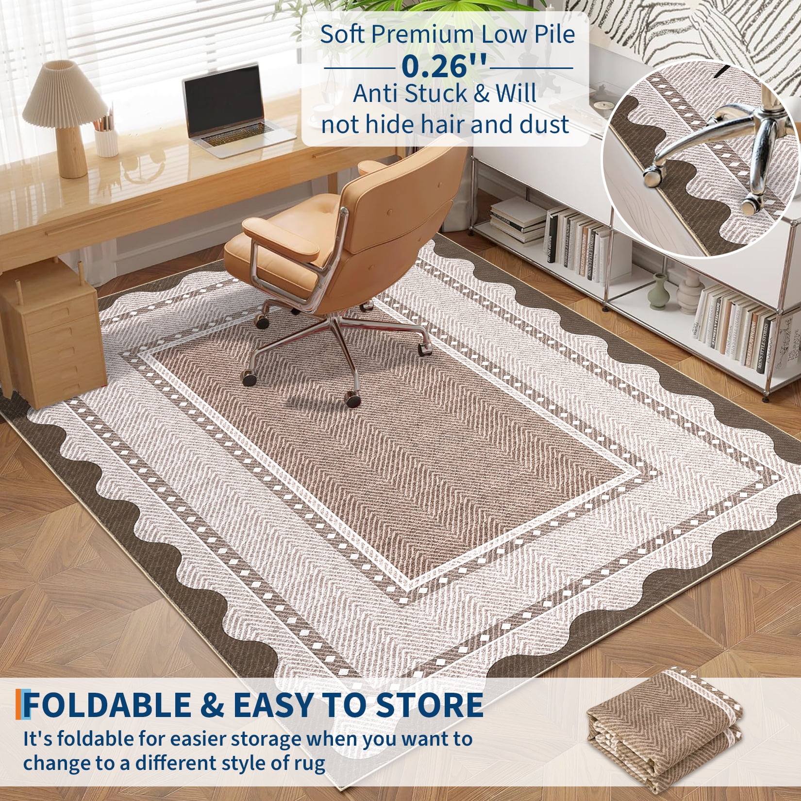 HIWEAVER Tan 9' x 12' Washable Scalloped Bordered Pattern Area Rug for Living Room Indoor Throw Carpet ​Modern Non-Slip Foldable Floor Cover for Dorm Home Decor