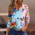 thumbnail image 2 of Women's Patriotic Star Print 250th Anniversary USA Shirt V-Neck Button 3/4 Sleeve T-Shirt, 2 of 6