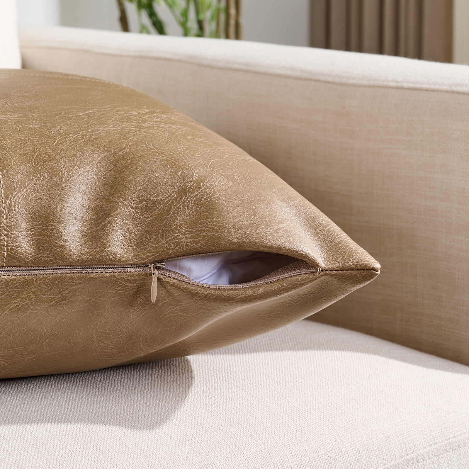 Fancy Homi 2 Packs Tan Boho Lumbar Faux Leather Decorative Throw Pillow Covers 12x20 inch for Couch Bed Sofa, Cross Patchwork Textured Rectangle Beige Cushion Case, Rustic Modern Farmhouse Home Decor