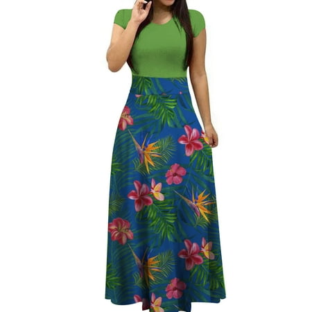 

jsaierl Women s Summer Dress 2023 Print Sundress Short Sleeve A Line Dress Crew Neck Hem Dress for Beach Vacation