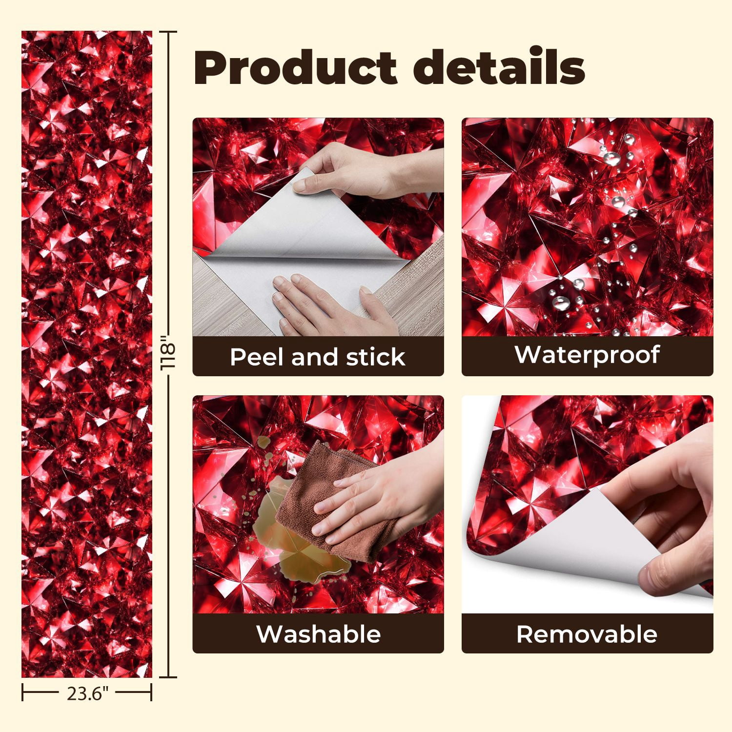 Vintage Peel and Stick Wallpaper Red Faceted Crystal Gemstone Abstract Wall Mural 23.6in x 9.8ft Self Adhesive Removable Wall Paper Renter Friendly Wallpaper for Bedroom Livingroom Office