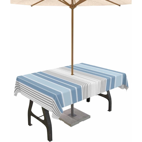 Outdoor Tablecloth with Umbrella Hole and Zipper 60 x 84 Inch Rustic Farmhouse Gray Blue Gradient Stripes Table Cover for Rectangular Tables Waterproof Tabletop Collection for Patio Garden Picnic