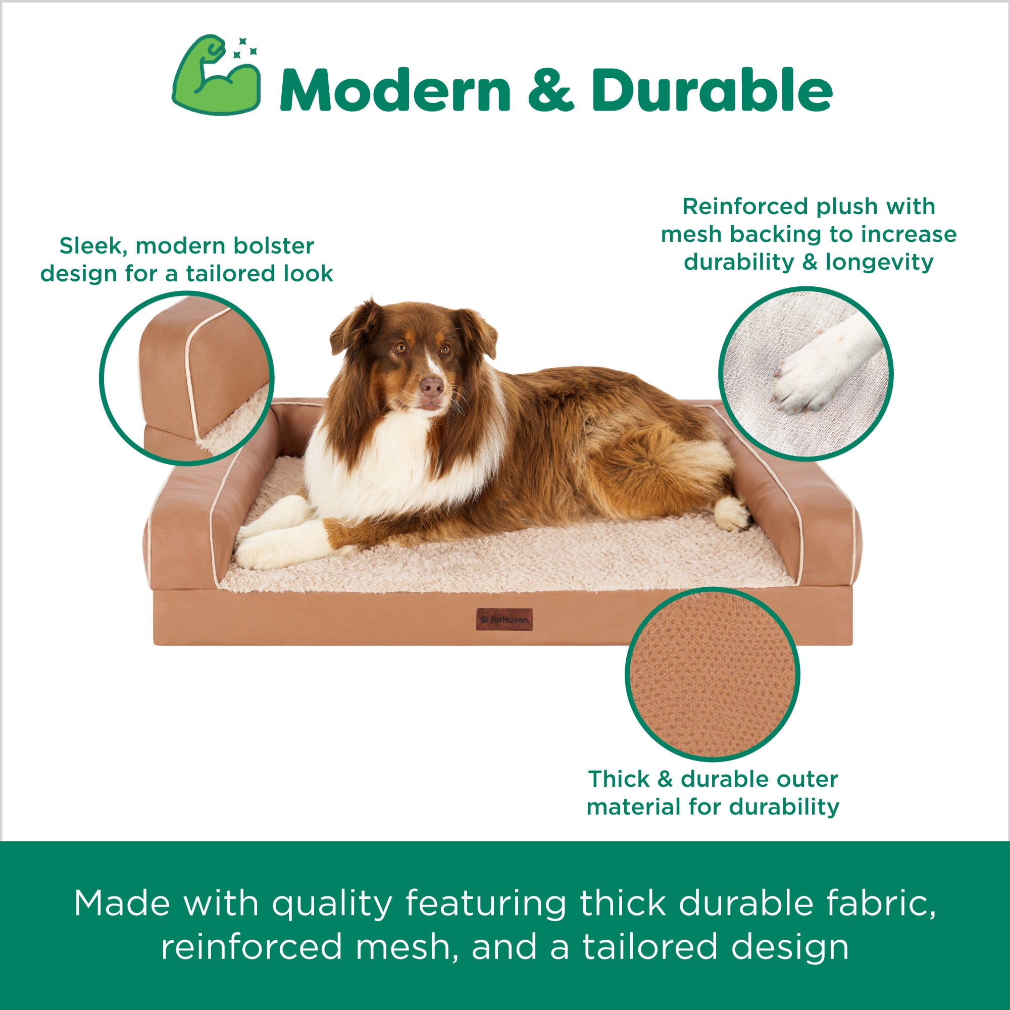 FurHaven Medium (20"x30") Orthopedic Dog Bed – Textured Plush & Coated Poly Modern Sofa Pet Bed, CertiPUR-US Foam, Removable Washable Cover, Camel