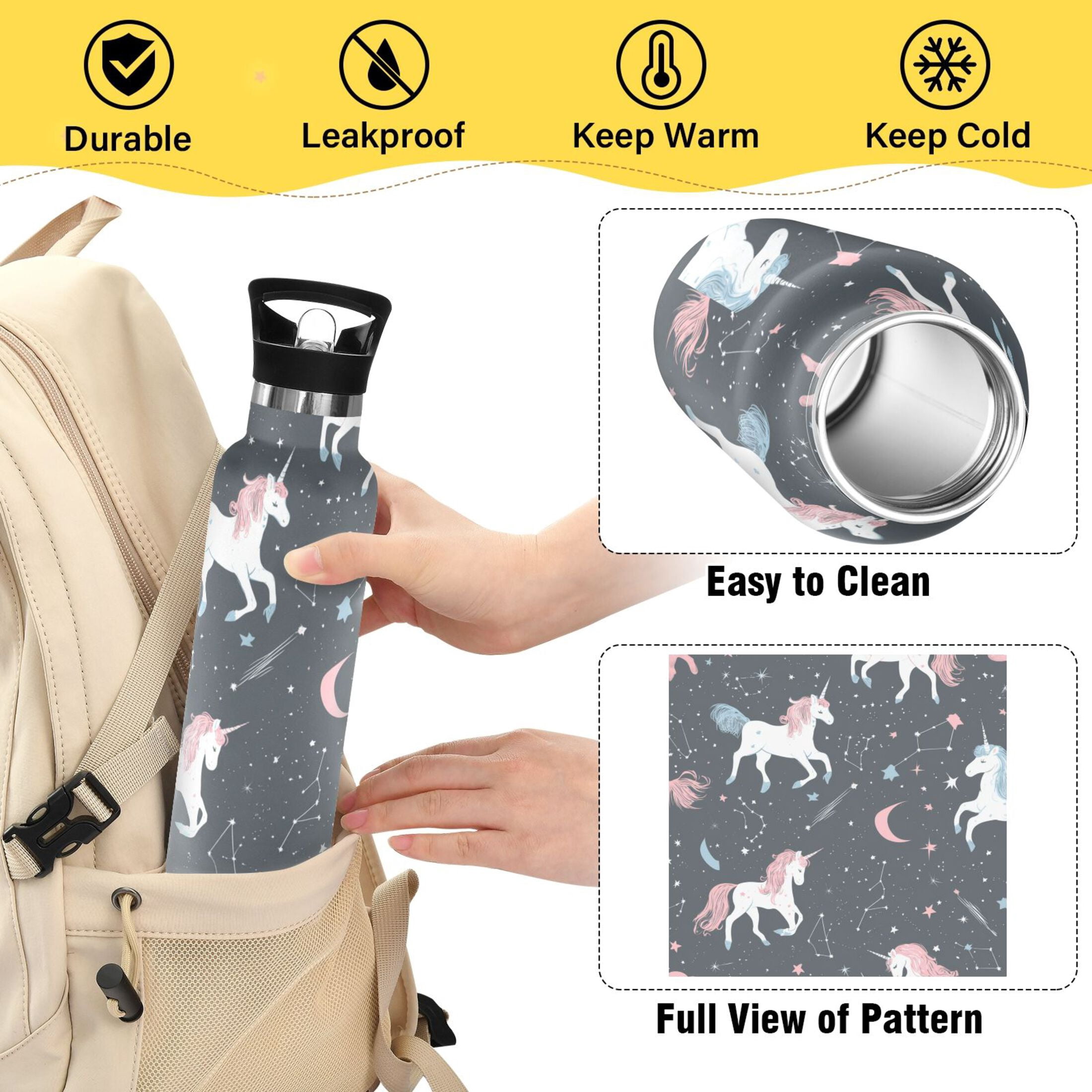 Kids Insulated Stainless Steel Sports Water Bottle 600ml (20oz) Unicorns and Stars