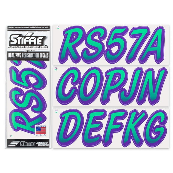 STIFFIE Whipline Sea Foam Green / Purple 3" Alpha-Numeric Identification Custom Kit Registration Numbers & Letters Marine Stickers Decals for Boats & Personal Watercraft PWC