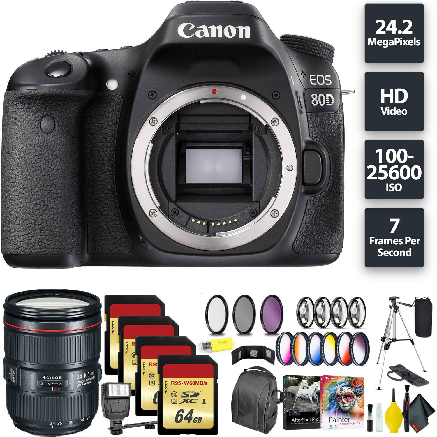 Canon EOS 80D DSLR Camera (Body) + 256GB Memory Card (4X 64) + Canon 24