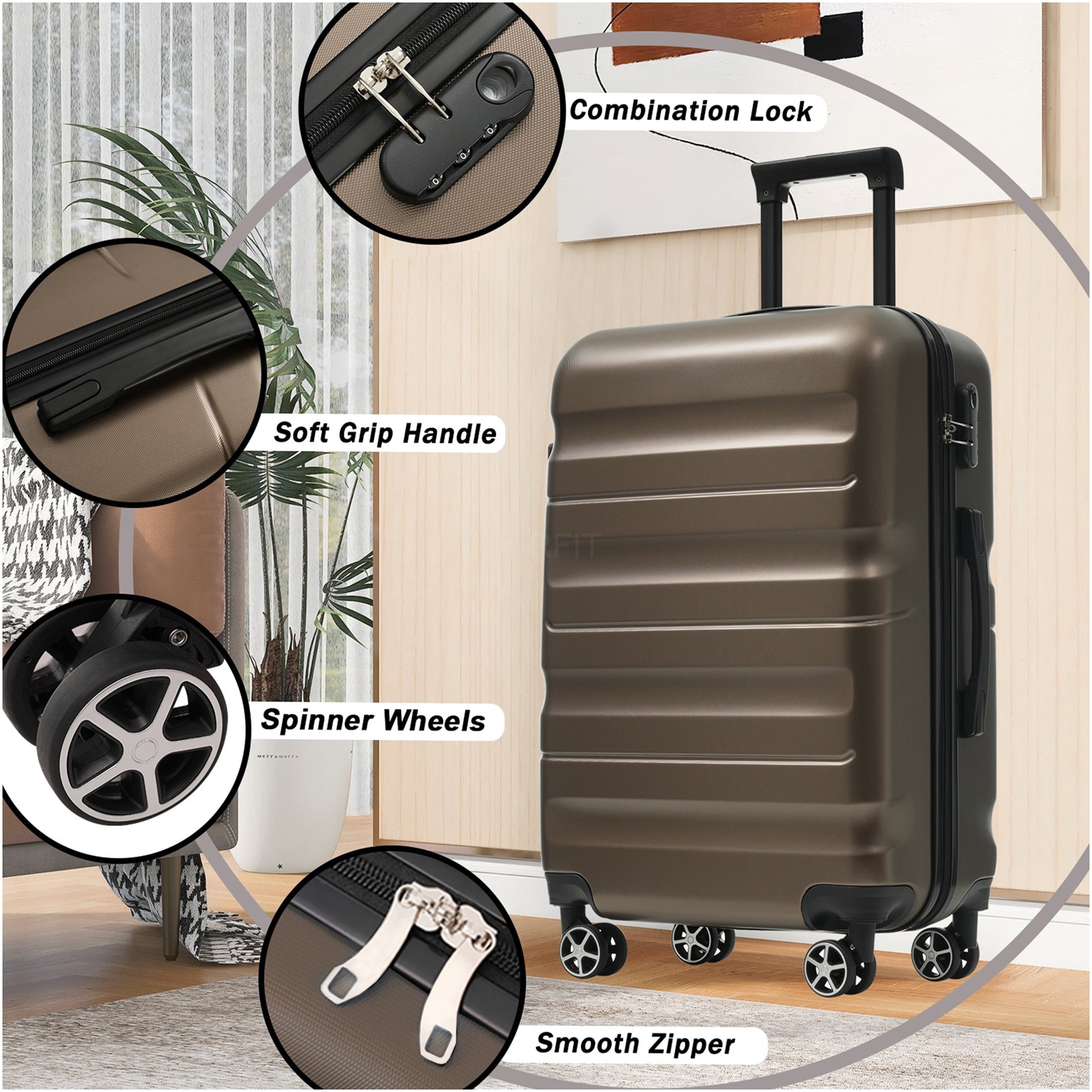 JERFIT 24 Inch Brown ABS Hardshell Checked Spinner Suitcase Luggage with Packing Cubes, Lightweight & Durable Travel Suitcase for Men and Women