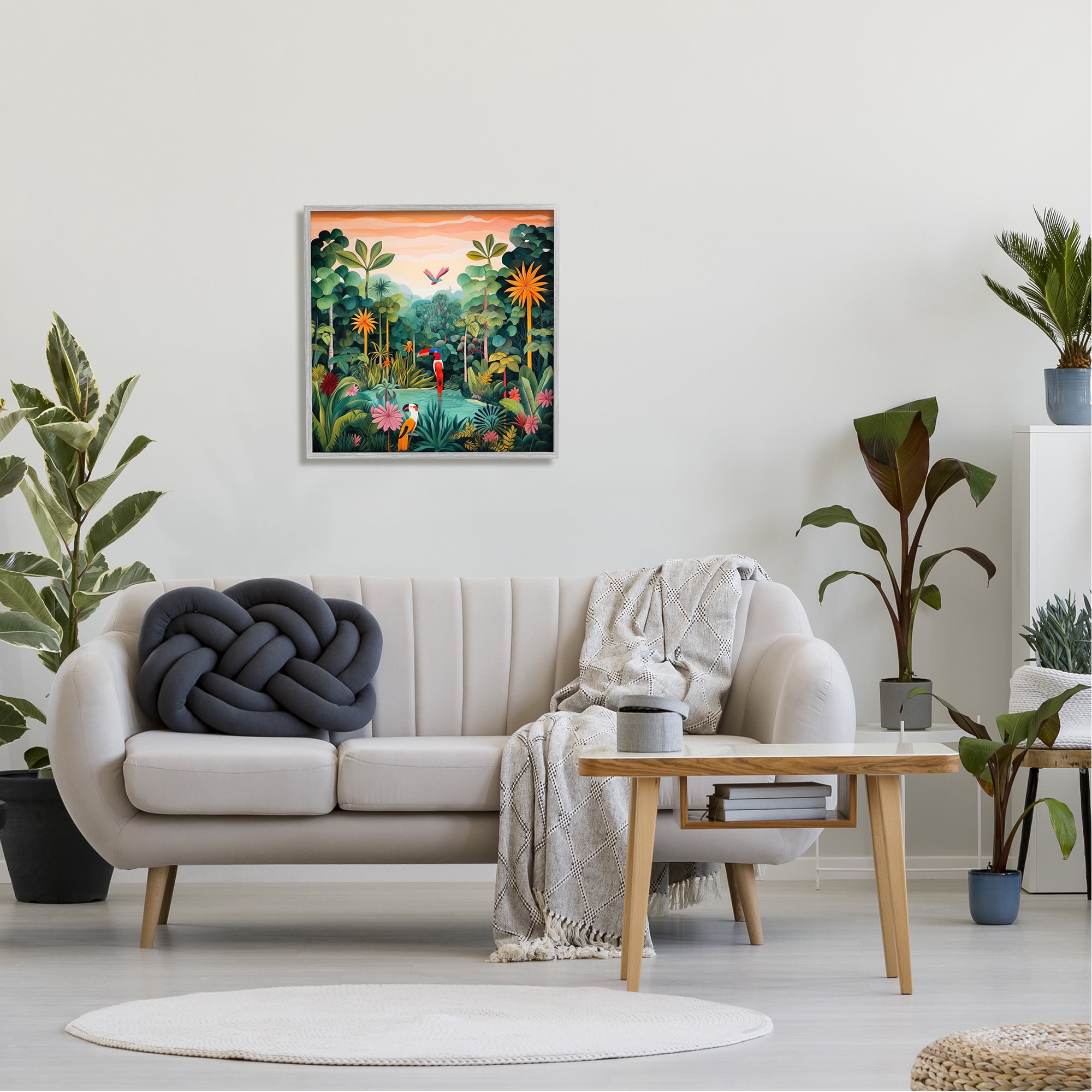 Stupell Industries Parrots & Tropical Pond Landscape Painting Gray Framed Art Print Wall Art, 24 x 24