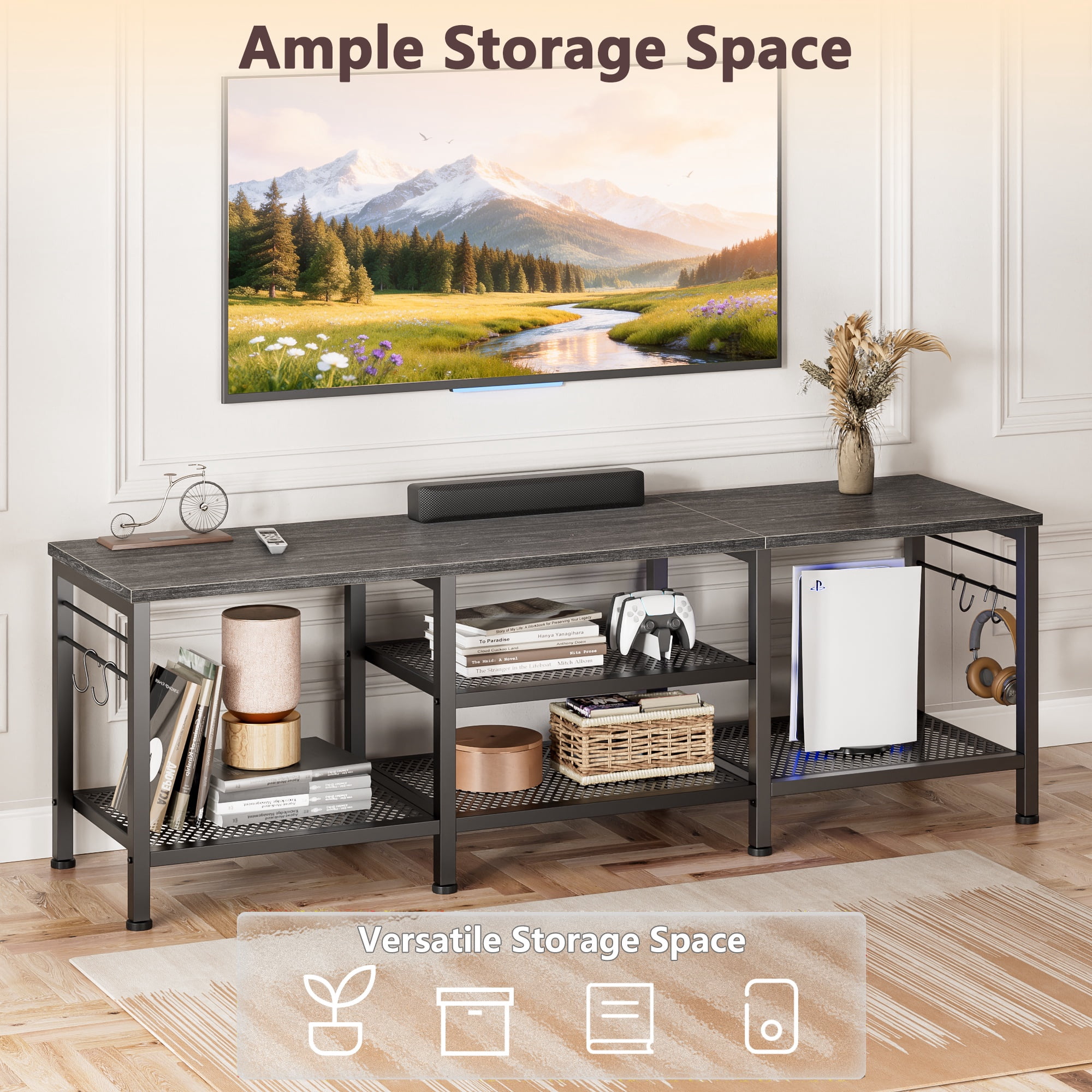 Tydimor Modern TV Stand for TVs up to 65" TVs, Media Console Table for Living Room, Entertainment Center with Storage, Light Black Oak