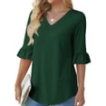 thumbnail image 6 of ALLLIST V-Neck Tops for Women Summer 3/4 Sleeve Blouse Ruffle Plain Green Fashion Pullover Clothing for Ladies, 6 of 7