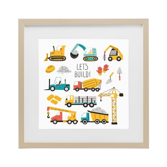 Stupell Industries Contemporary Let's Build Various Construction Trucks Birch Framed Print Under Glass, 13 x 13, by Creative Studio