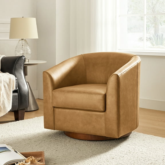 Genuine Leather Barrel Chair with 360-Degree Swivel Modern and Solid Wood Base for Contemporary Living Room and Office Seating CAMEL