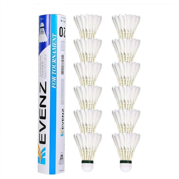 KEVENZ Goose Feather Badminton Shuttlecocks With Great Stability and Durability , High Speed Birdies | White , Pack Of 12