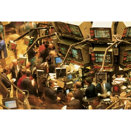 This is the interior of the New York Stock Exchange on Wall Street It shows traders looking at the monitors on the walls tracking the Dow Jones Stretched Canvas - Panoramic Images (27 x