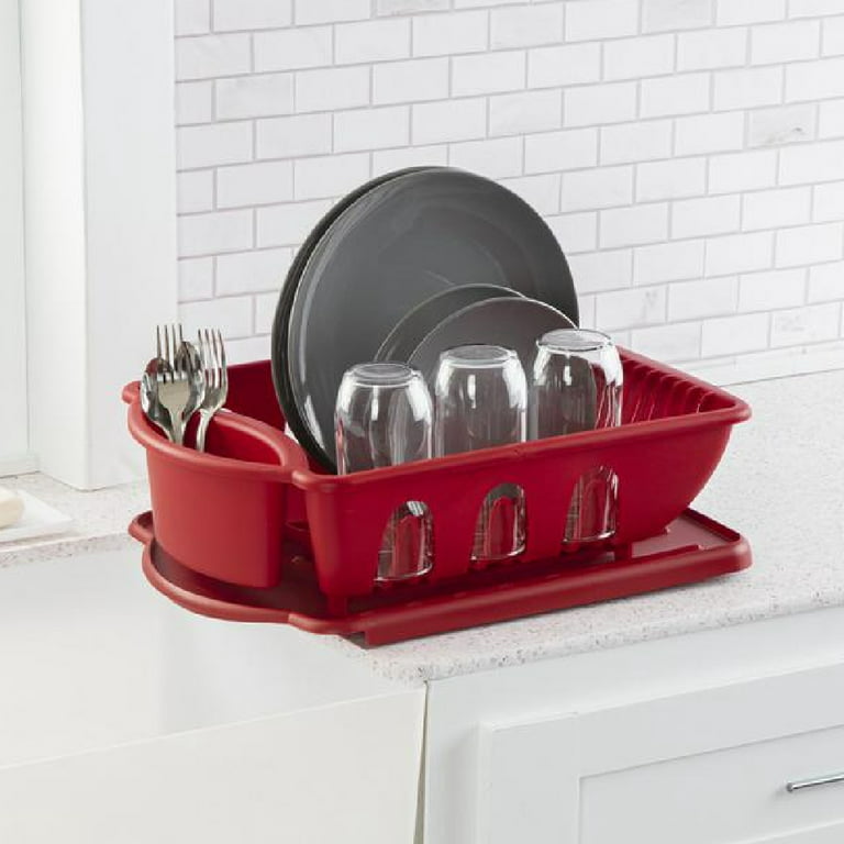 Sterilite 2 Piece Sink Dish Drainer Set Plastic Red, 6 Pack