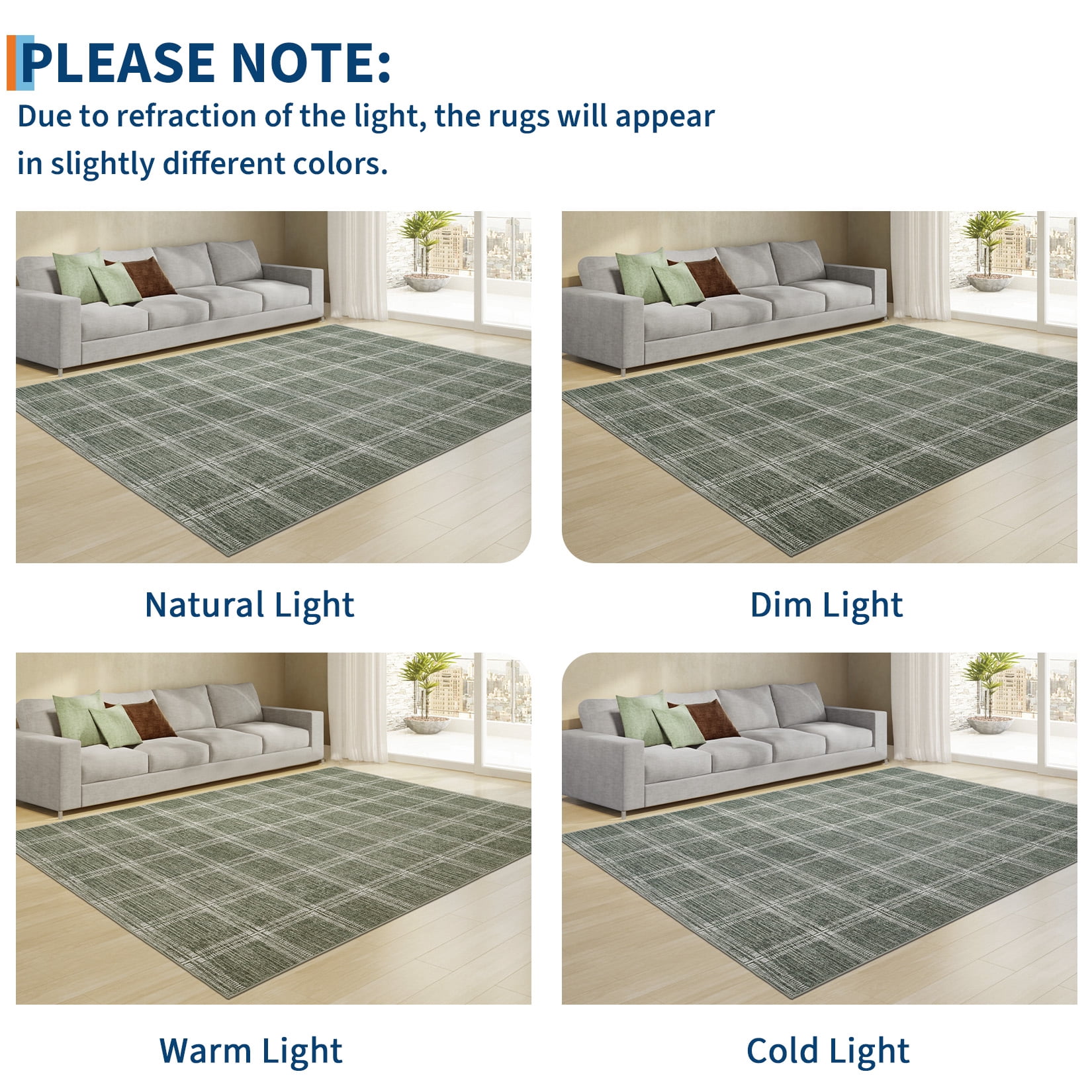 Hasoo Large Washable Rug 9' x 12' Area Rug for Living Room Modern Plaid Non Slip Neutral Indoor Decor Carpet, Green