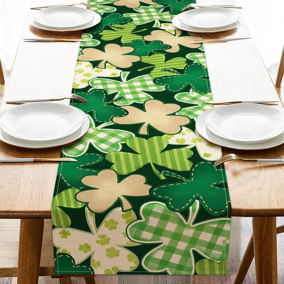 St Patricks Day Shamrock Table Runner, Lucky Clover Plaid Stripes Kitchen Dining Table Decoration, Irish Spring Burlap Indoor Outdoor Home Decor Party Supply 13 x 36 Inches