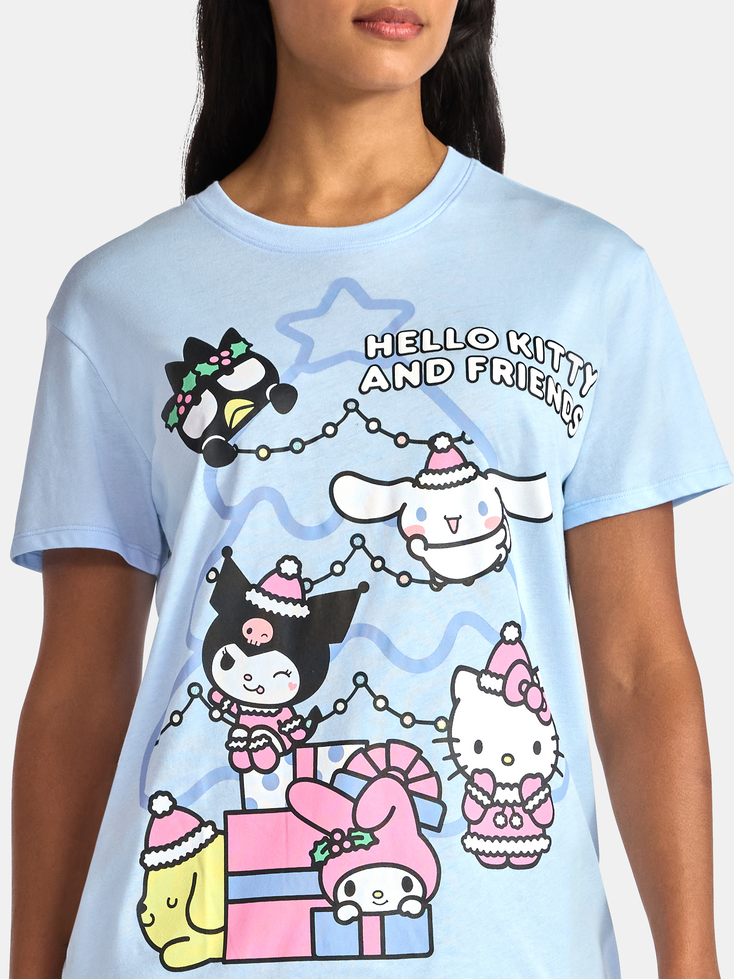 Hello Kitty & Friends Women's Christmas Front Back Graphic Tee with Short Sleeves, Sizes XXS-XXL