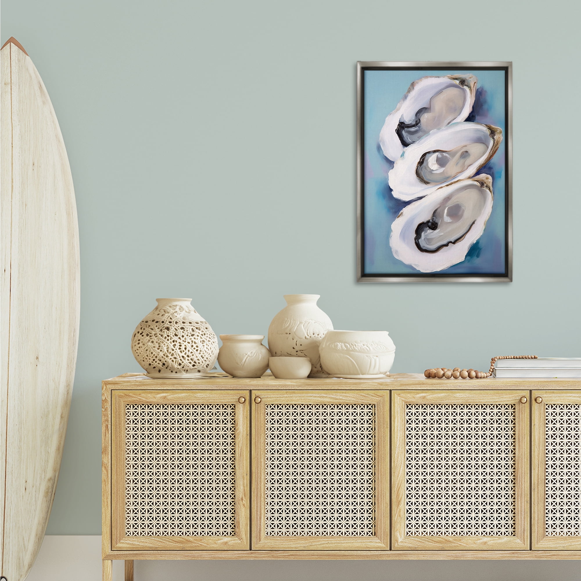 Stupell Industries Three Oyster Shells Animals & Insects Painting Gray Floater Framed Canvas Art Print Wall Art, 21 x 31