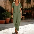 thumbnail image 6 of Women's Cotton Linen Solid‑Color Short‑Sleeve Jumpsuit U‑Neck Button‑Front Loose Baggy One‑Piece Pants with Side Pockets Army Green XL(XL), 6 of 9