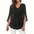 thumbnail image 3 of Nfurl 3/4 Ruffle Sleeve Sparkly Tops for Women Sequin V Neck Blouses Dressy Sheer Mesh Shirts Casual Evening Club Party Concert Shirt Black XL, 3 of 7