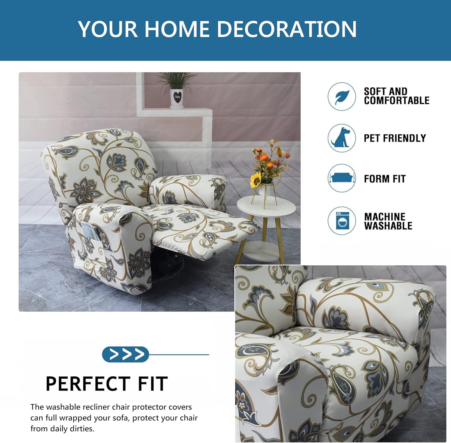 CHUNTIAN Stretch Recliner Slipcovers Printed Sofa Cover 4-Piece Fallon Collection Slipcover Lazy Boy Chair Covers Furniture Protector Recliner Chair Cover with Storage Pocket for Living Room, A2