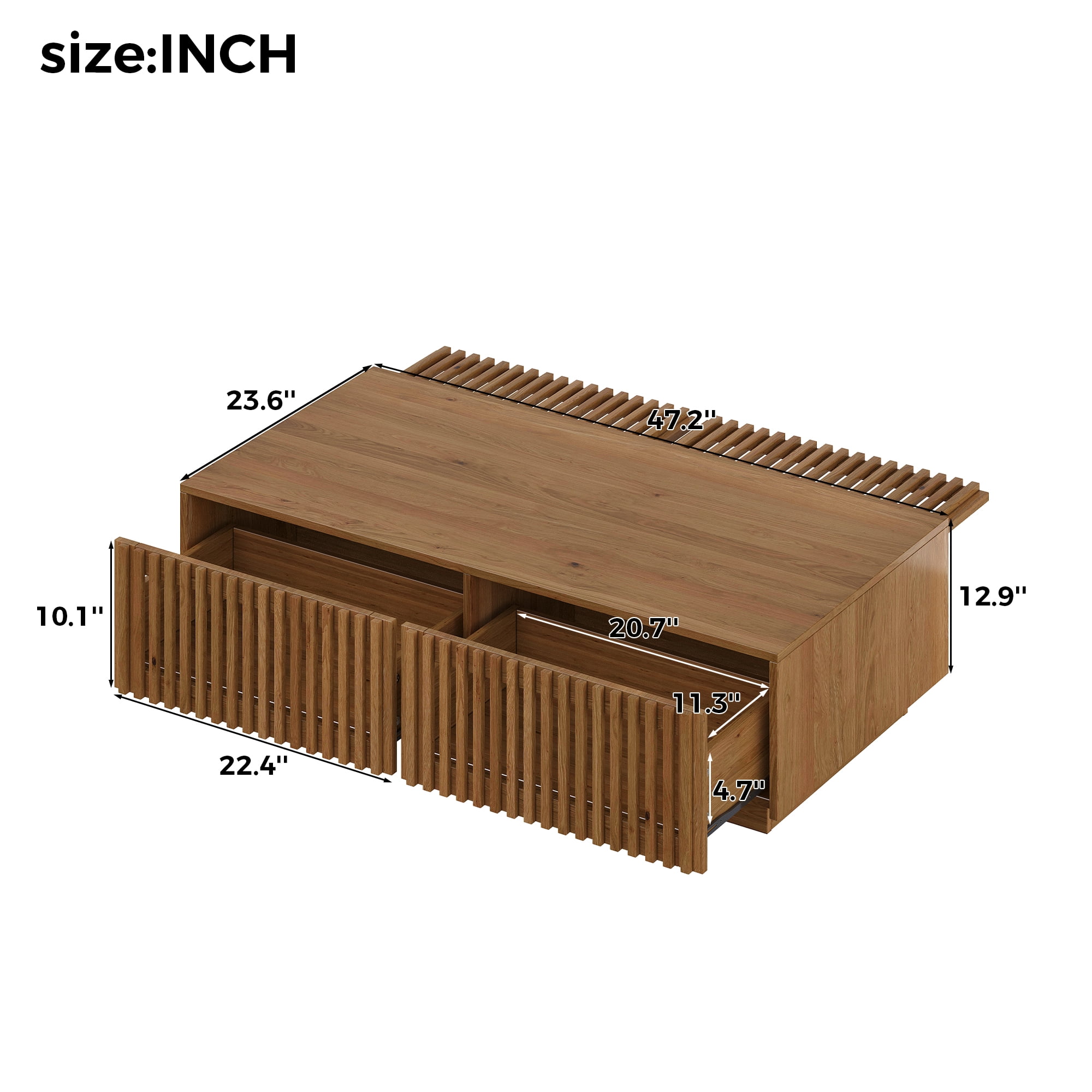 47.2x23.6-Inch Rectangular Coffee Table with Slatted Storage Drawers, Low Profile Mid-Century Center Table and Cocktail Table for Living Room, Walnut