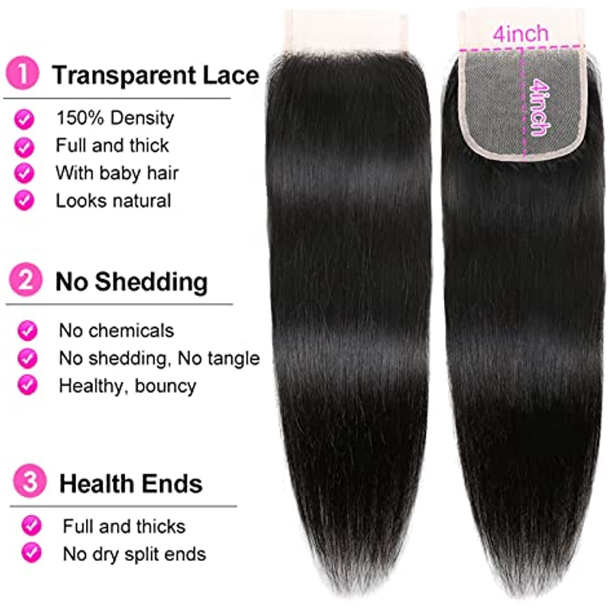 Peruvian Hair Bundles Peruvian Virgin Hair 100% Human Hair 4X4 Transparent Lace Closure Straight Wig Extensions Free Part Natural Black