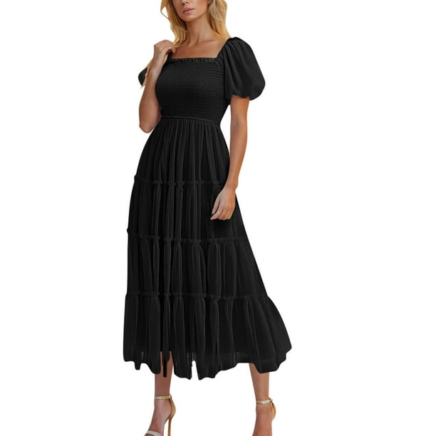 Vestido de Manga Larga Maxi para las Mujeres Caída Sólido Plisado, Sexy Manga Corta Elástica Cintura Boho Bolsillos