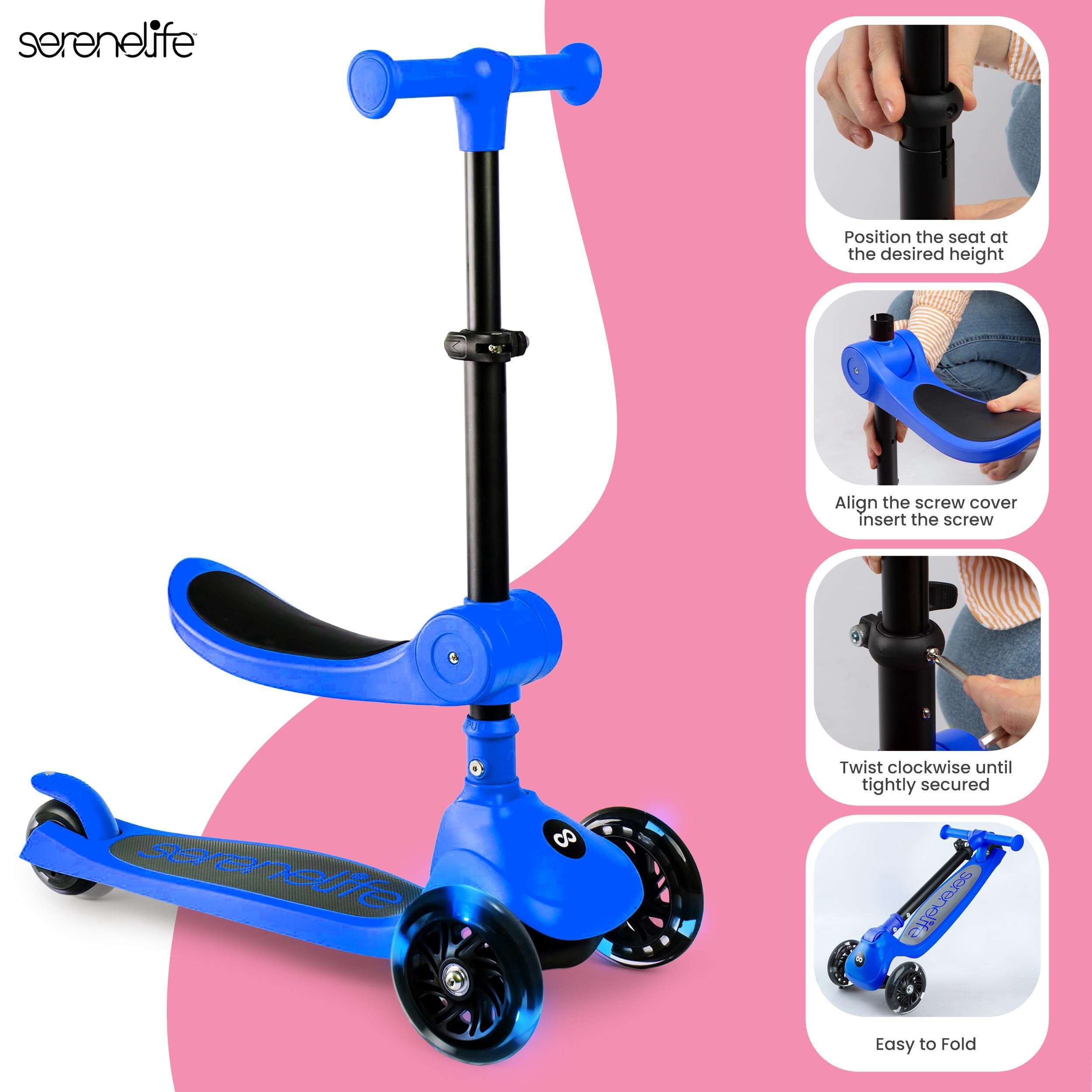 SereneLife 3-Wheel Foldable Kids Scooter – LED Wheel Lights, Adjustable Handlebar, Rear Foot Brake, Lean-to-Steer, Anti-Slip Deck – Ideal for Toddlers & Kids 2+, up to 110 lbs