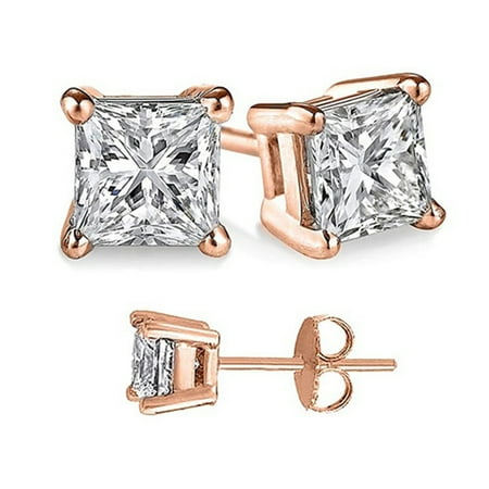 14K Rose Gold Plated Silver 1 Ct Princess White Cz Stud Earrings