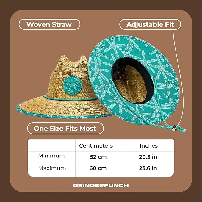 Grinderpunch Lifeguard Hat Mens Straw Sun Hat for Beach, Outdoor, and Travel | UPF 50+ Sun Protection | Wide Brim Straw Beach Hat | Classic Sun Hat for Men and Women ( Teal Starfish )