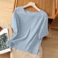 thumbnail image 5 of Vestidos Casuales Para Mujer, Blusas De Mujer De Moda Blusa de mujer de color liso de imitación de lino con hombros descubiertos, manga corta, cuello redondo y dobladillo con abertura, 5 of 5
