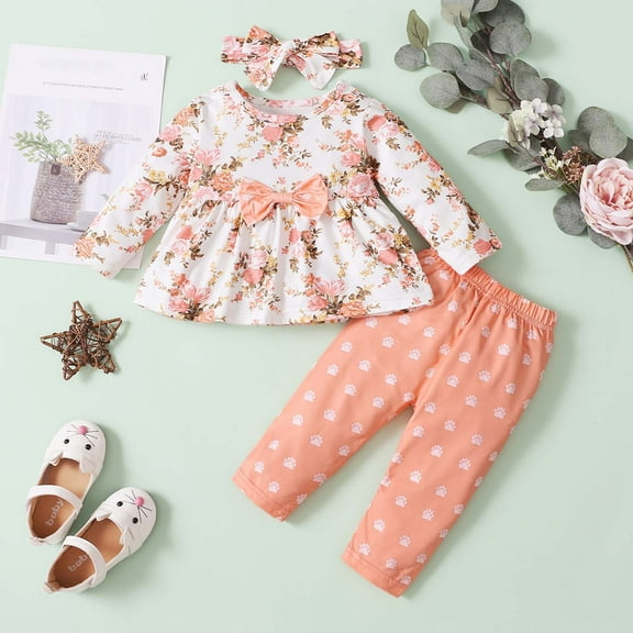 AURIGATE Tutu Skirt for Newborn Toddler Baby Girls Long Sleeve Printed Skirt Long Pants Turban Three-piece Suit