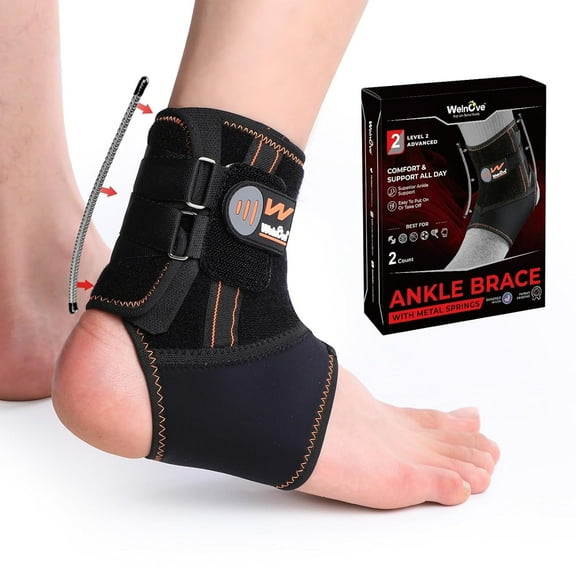 Welnove Ankle Support Brace with Stabilizer - Sports Stabilizing with Adjustable Compression Straps for Women & Men - FSA/HSA Eligible (2, Black, Medium)
