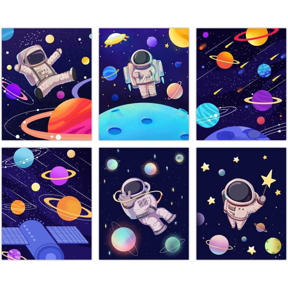 6 Pieces Space Canvas Wall Art Unframed Space Poster Painting Prints Space Decor Wall Art Astronaut Figure Picture for Boys Living Room Wall Decor Kids Nursery Colorful DIY