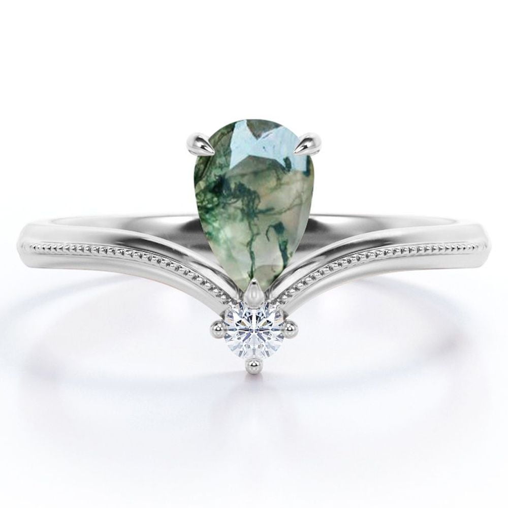 JeenMata Milgrain Border - 1 Carat Pear Cut Milky White Moss Green Agate and Moissanite - V Shaped Double Stone Engagement Ring - 18K White Gold Plating over Silver
