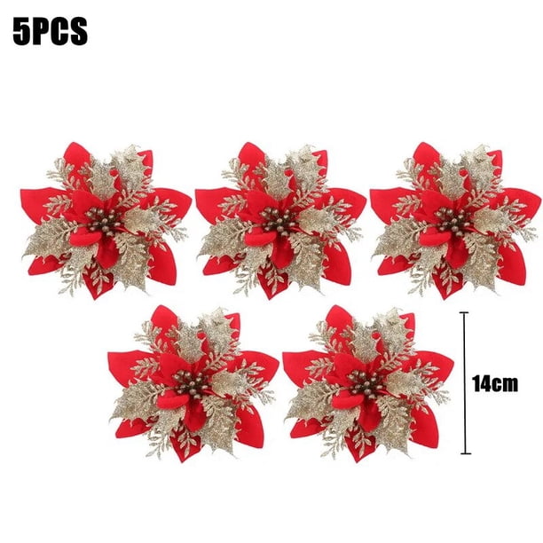 Flores artificiales de Navidad, cabezas de flores ostentosas de oro rojo, decoraciones para árboles de Navidad, fiesta, vacaciones, hogar, suministros de ajuste de mesa