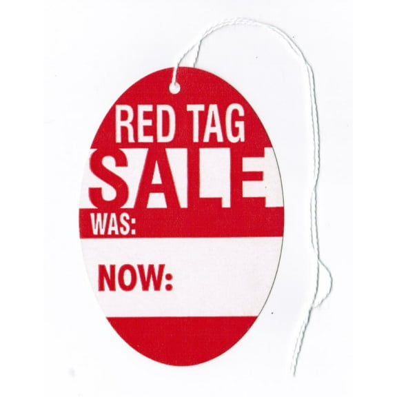 RED TAG Sale Oval Tags, 2-3/4" x 4", Red on White Card Stock, Hole, Pre-Strung - Pack of 25 Tags