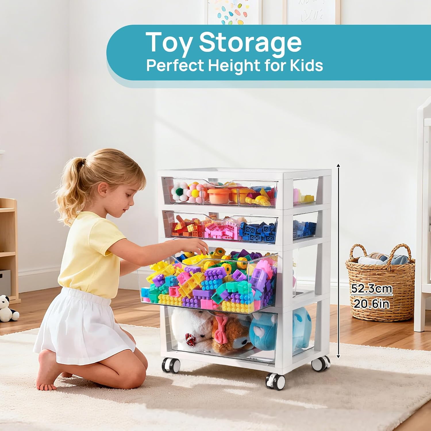 JessieMal Plastic Drawer Storage Rolling Cart with Wheels, 4-Tier Drawer Organizer for Art Crafts Supplies, Home Office Supplies, Toys, Under Desk Storage for Office, Craft Room, Bedroom, Classroom