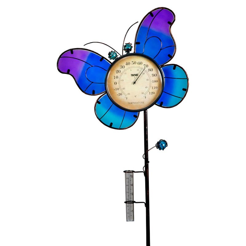 Transcontinental Outdoor Butterfly Temperature and Rain Gauge Garden Stake by